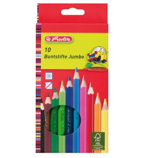 Моливи цветни, шестстенни, Jumbo, FSC 100%, 10 цвята - herlitz